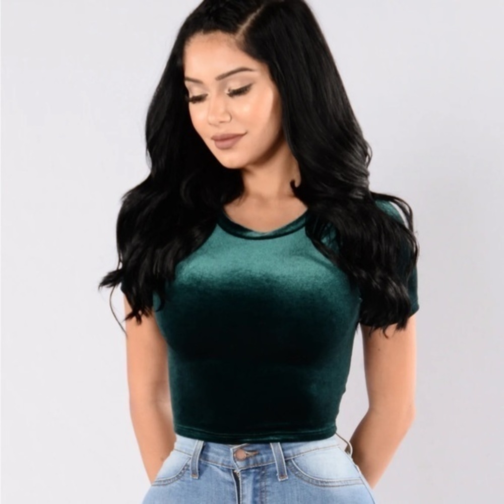 Hunter Green Velvet Velour Crewneck Short Sleeve Top Blouse, Size M